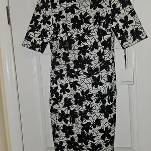 Calvin Klein Black & White Floral Midi Sheath Dress